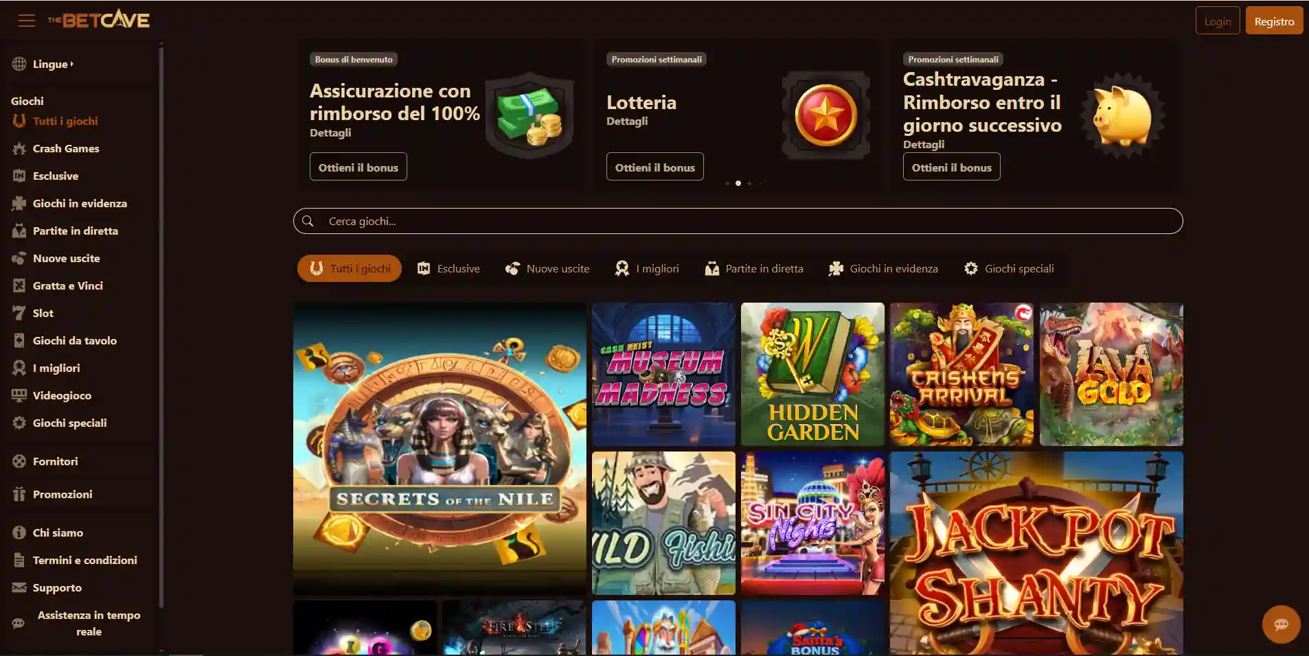 Homepage BetCave con navigazione principale e accesso alle sezioni del sito
